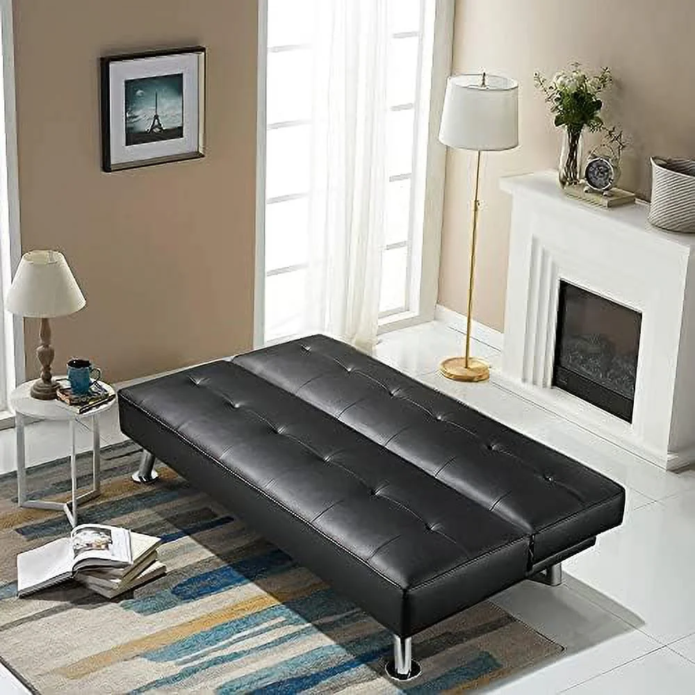 RUNFAYBIU Modern Folding Futon Loveseat Black Faux Leather Futon Sleeper Bed Convertible Futon Couch Bed for Living Room
