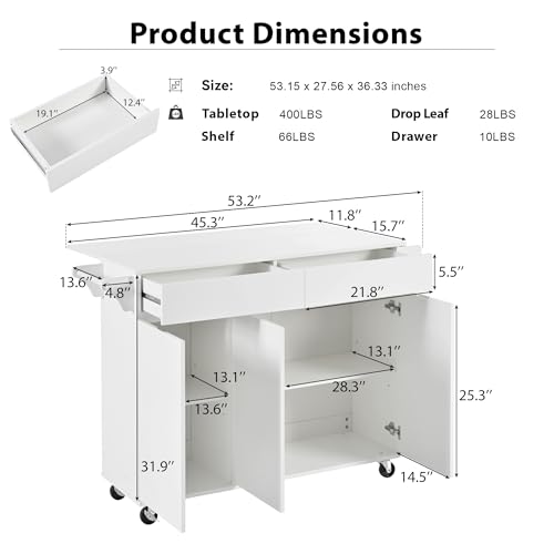 53.5''Farmhouse Kitchen Island with Power Outlet, Kitchen Storage Island with Drop Leaf, Spice Rack and Drawer, Rolling Kitchen Cart on Wheels