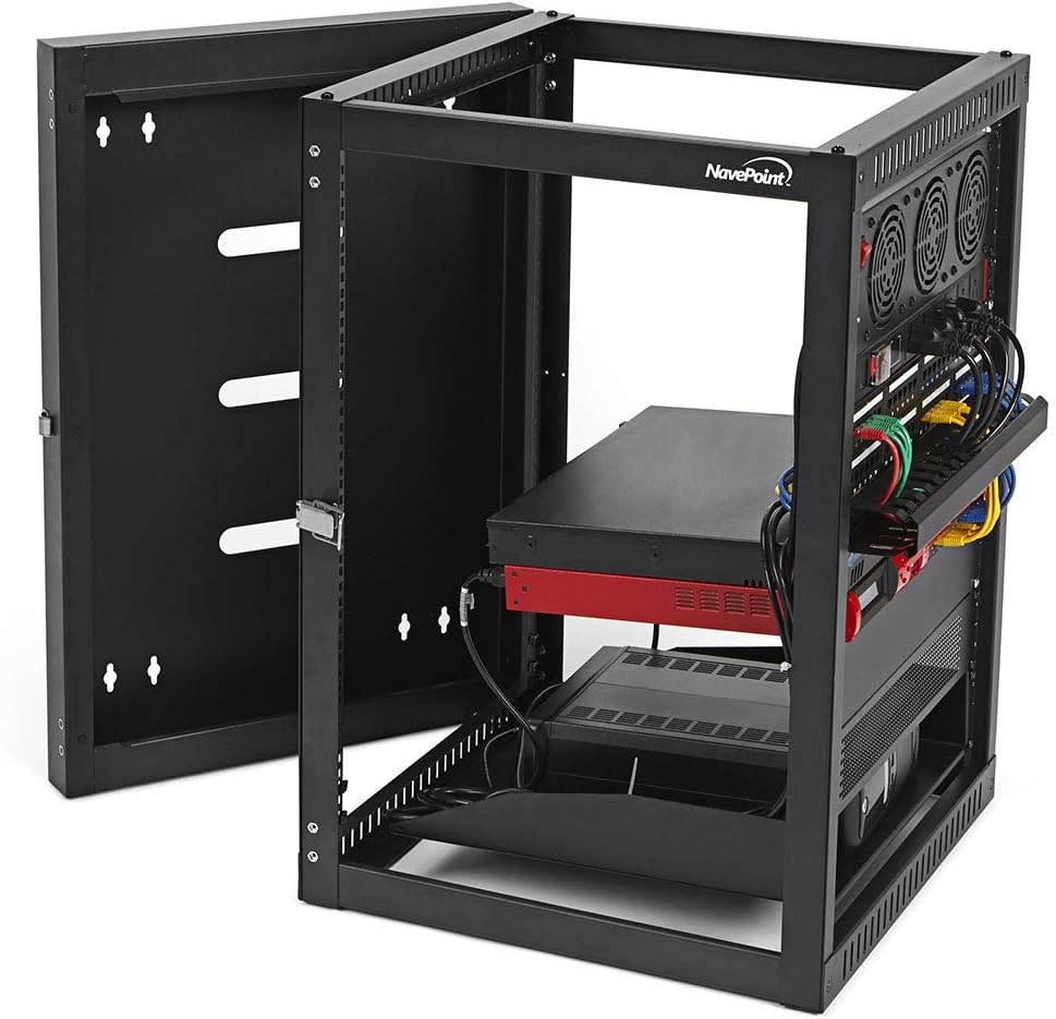 NavePoint 15U Hinged Open Frame Wall-Mount Network Rack, 4-Post 24 Inch Depth, Rear Swing Frame, Easy Rear Access to Equipment and Cable Management