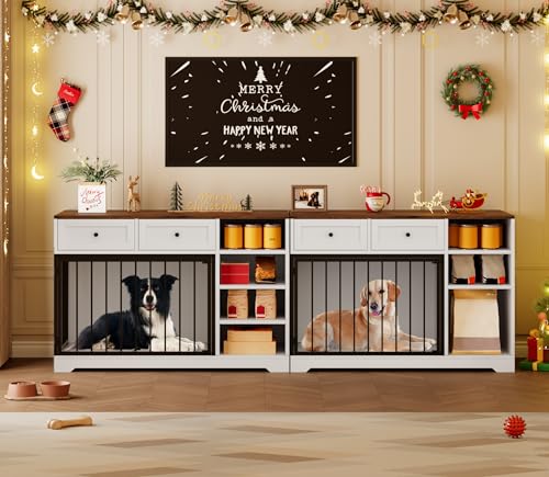 IDEALHOUSE 47” Large Dog Crate, Dog Kennel Indoor with 2 Drawers and 4 Shelves, Dog Crate Furniture TV Stand, Wooden Dog Cage for Medium Large Dogs