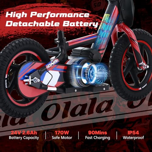 OLALA Electric Dirt Bike for Kids Aged 3-6, 170W Racing Grade Electric Motorcycle, New Aluminum Frame with 2 Power Modes, 24V Detachable Battery