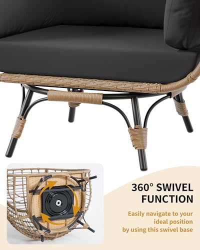 Oversize Wicker Egg Chair with 4 Comfy Cushions, Big Egg Shaped Lounger with Ottoman, Rattan Reading Chairs for Indoor Outdoor Patio Porch Backyard