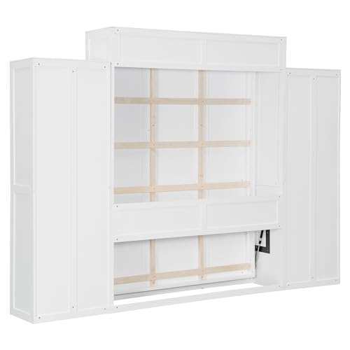 Queen Size Farmhouse Murphy Bed Cabinet with Charging Station, Foldable Platform Bed Frame with 2 Storage Drawers