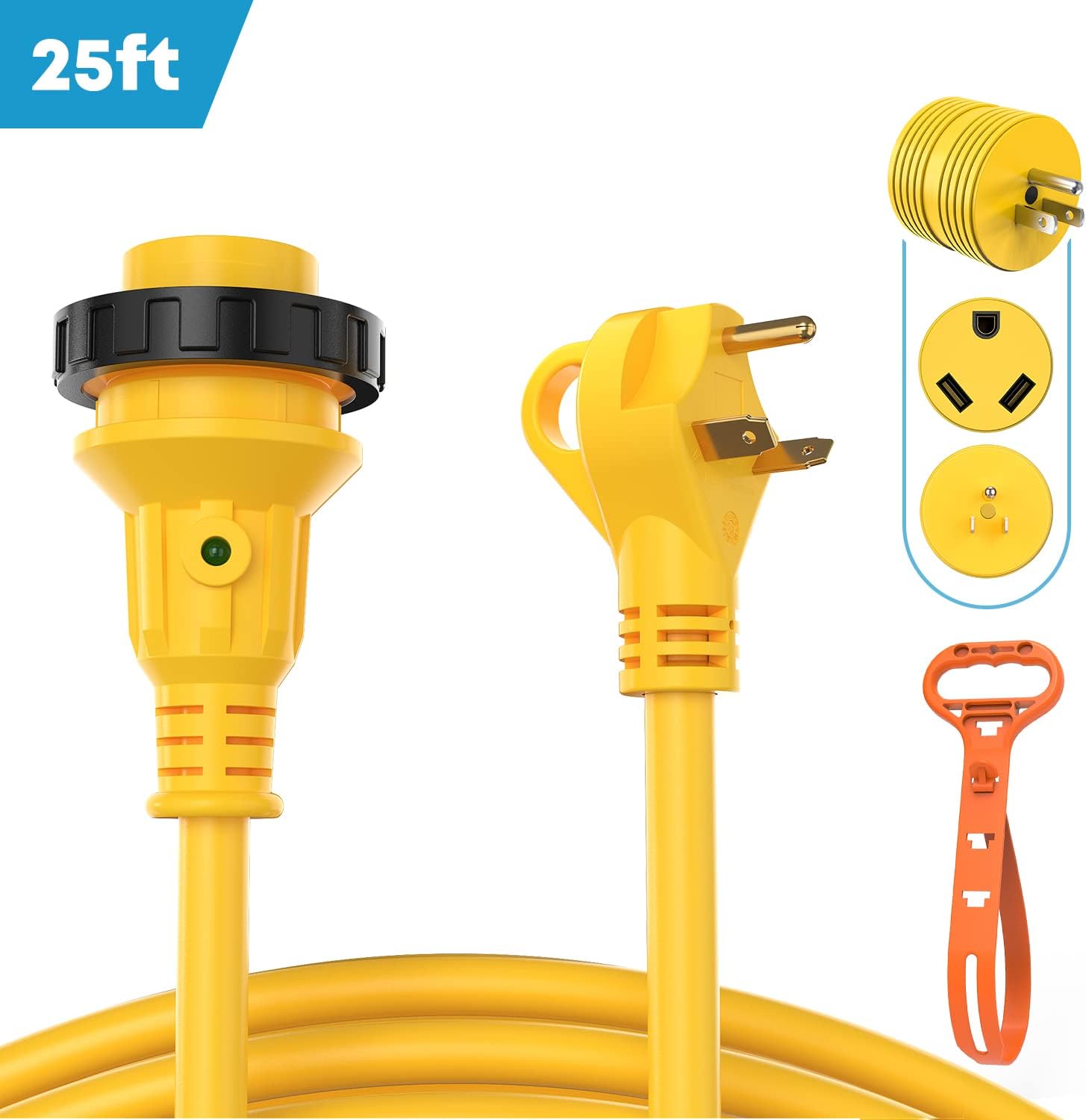 Kohree 50 Amp RV Power Extension Cord 25FT with Grid Handle Heavy Duty, 50M/50F 90 Degree RV Locking Adapter, LED Indicator & 30M/50F Power Adapter