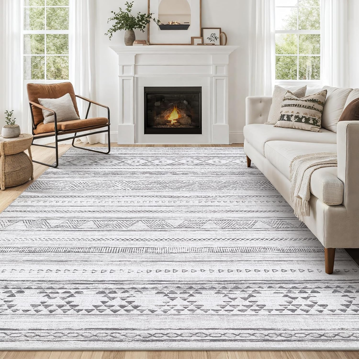 9x12 Area Rugs, Washable Rugs for Living Room, Large Soft Boho Neutral Geometric Moroccan Rug for Bedroom Dining Room