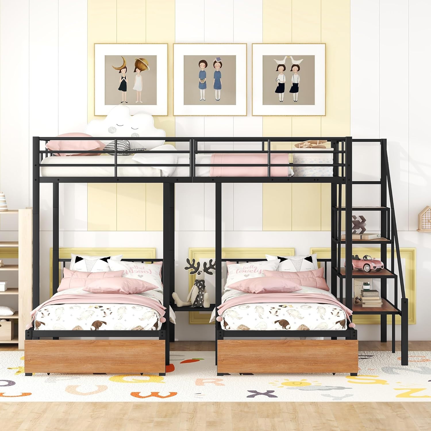 CITYLIGHT Triple Bunk Beds with Storage, Metal Full Over Twin & Twin Bunk Beds with Stairs,3 Bed Bunk Bunk for Kids, Girls, Boys,Teens, Adults