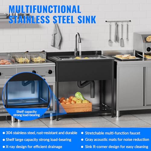 Stainless Steel Utility Sink, 36.6" × 24.2" × 36.6"Freestanding Sink with Cold and Hot Water Faucet,Hoses and Drain Kit for Kitchens, Bathrooms