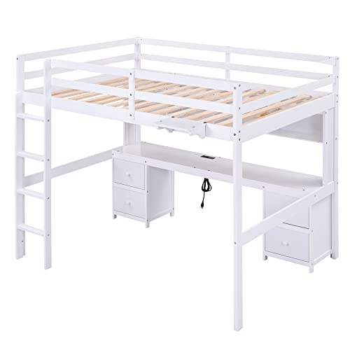 Full Size Loft Bed with L-Shaped Desk, Wardrobe and Storage Shelves, Solid Wood Bedframe w/Safety Guardrails & Ladder for Kids Teens Adults