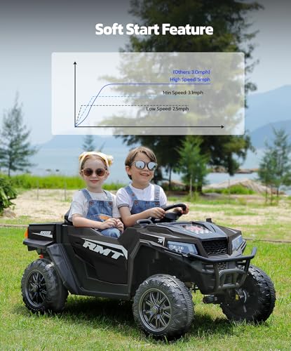 ELEMARA 24V Ride on Toy for Big Kid,Ride on Car 2 Seater w/Sun Shade,Dump Bed & Shovel,4.5MPH,4WD Electric Car for Kids,Battery Car w/Remote
