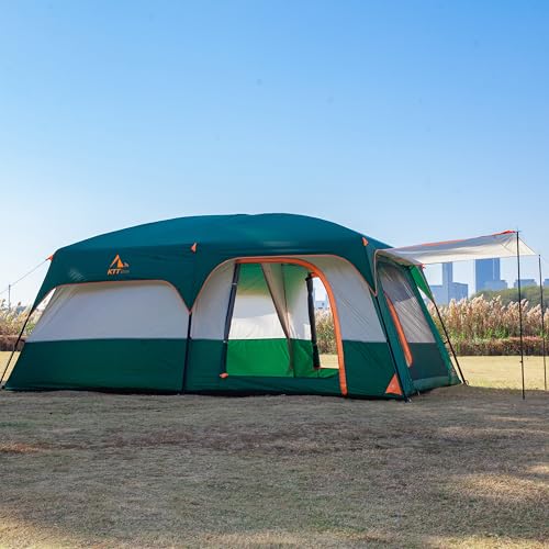 KTT Extra Large Tent 10-12-14 Person(Style-B),Family Cabin Tents,2 Rooms,3 Doors and 3 Windows with Mesh,Straight Wall,Waterproof,Double Layer