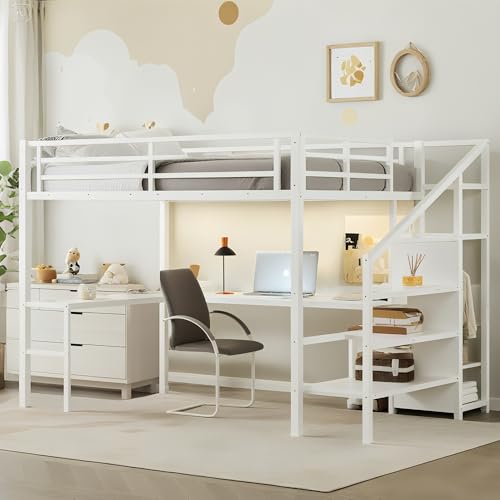 Bellemave Full Size Metal Loft Bed with L Shaped Desk and Wardrobe, Heavy Duty Loft Bed Frame with Storage Stairs