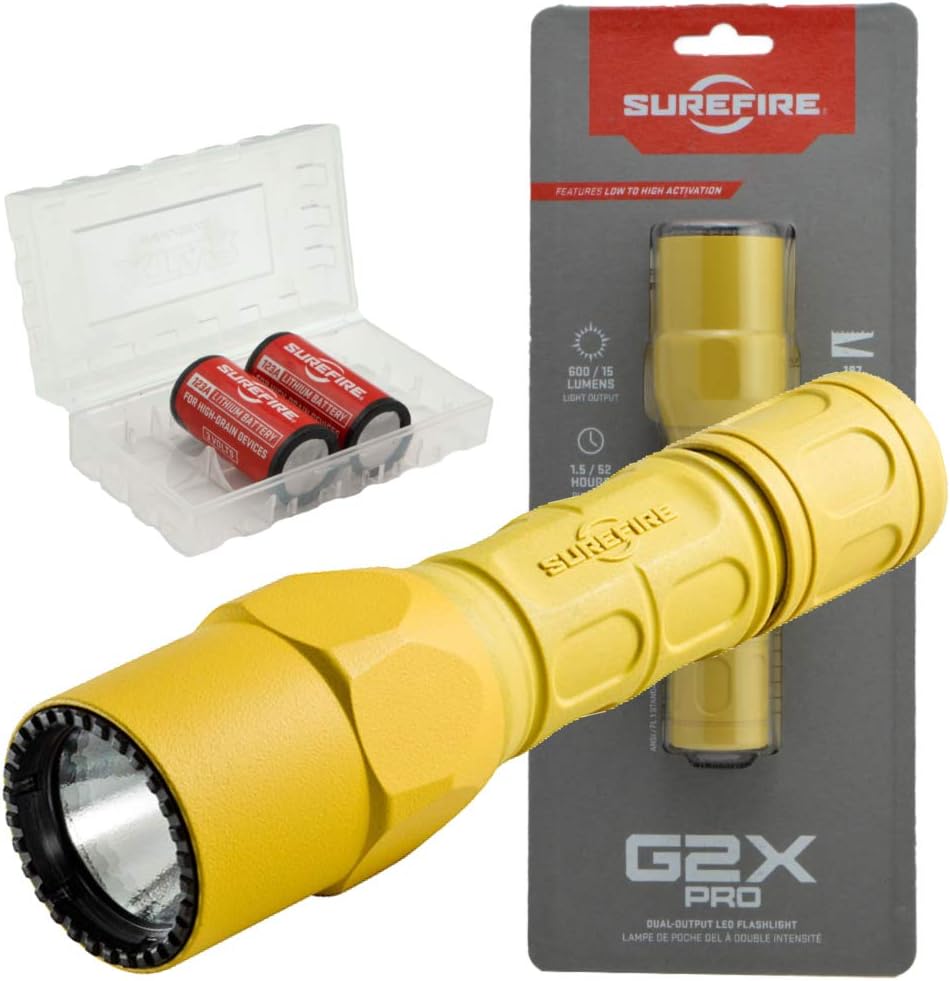 SureFire G2X Pro 600 Lumen Tactical EDC Flashlight Bundle with 2 Extra CR123A Batteries and Lightjunction Battery Case (Tan)