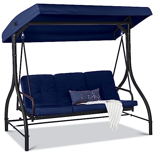 Best Choice Products 3-Seat Outdoor Large Converting Canopy Swing Glider, Patio Hammock Lounge Chair for Porch, Backyard w/Flatbed, Adjustable Shade