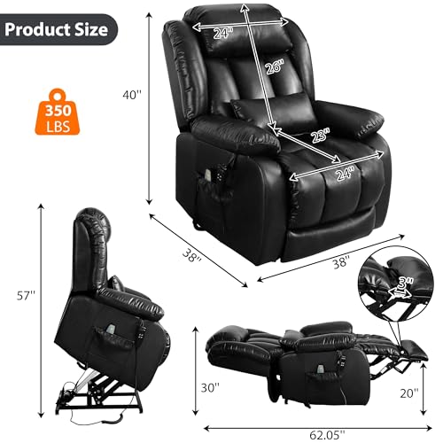 EDILLY Large Genuine Leather Power Lift Recliner Chairs for Elderly, Dual Motor with Massage and Heating,Double Lumbar Cushion and Extended Footrest