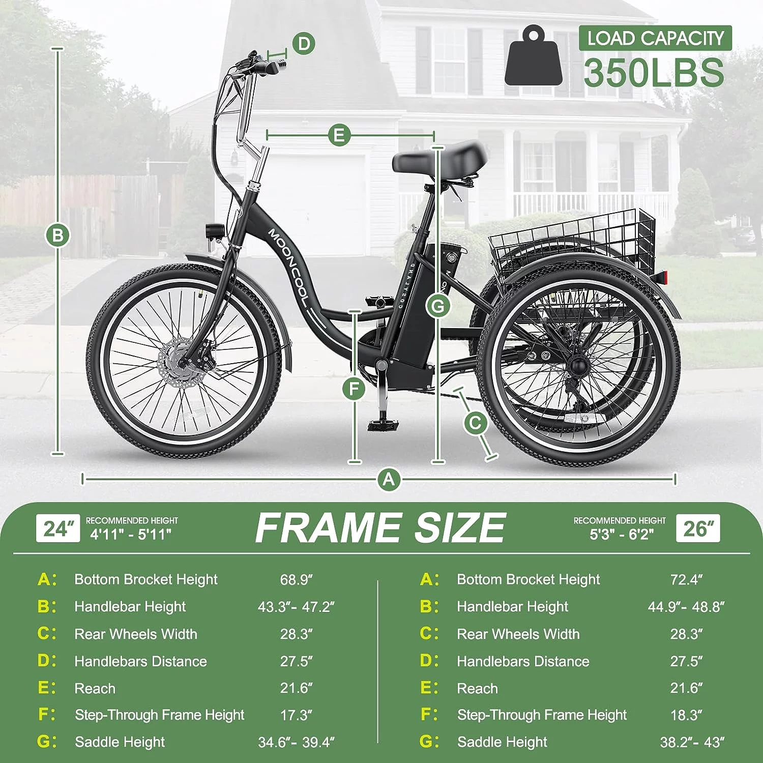 Mooncool 24 26 3 Wheel Electric Tricycle for Adults