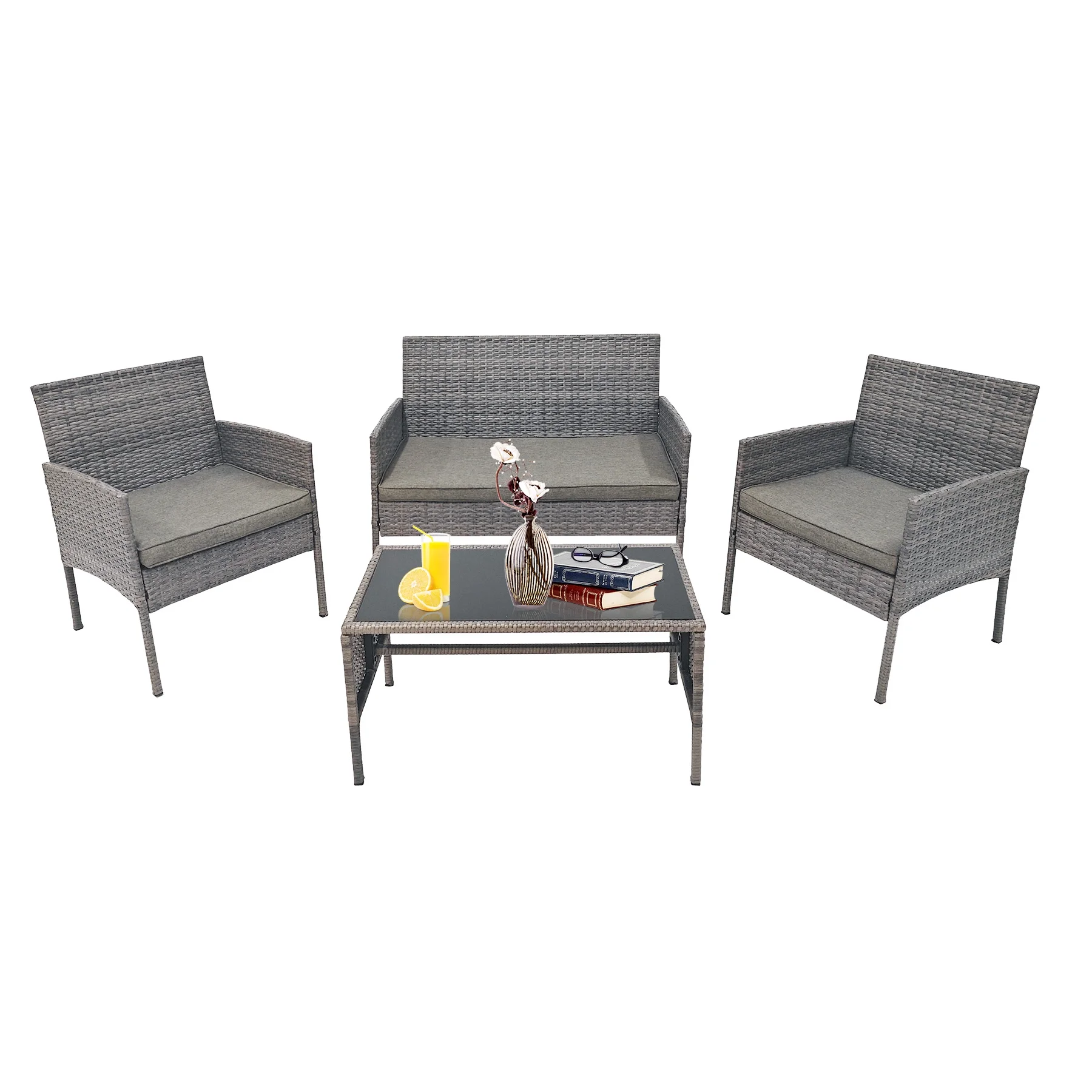 Tappio 4 Piece Patio Conversation Wicker Furniture Set, Outdoor Patio Sectional Furniture Set w/Glass-Top Coffee Table & Gray Cushions