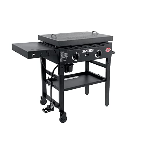 Char-Griller® Flat Iron 2-Burner Propane Gas Flat-Top Griddle with Steel Griddle Top, Wind Guards and Removable Lid