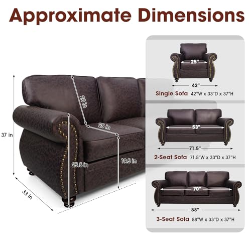 Mid-Century Vintage Sofa Couches with Rivet Design,3-Seater Sofa,Removable Sofa Cover Upholstered Cushions and Solid Wood Frame (Brown, 3-Seater)