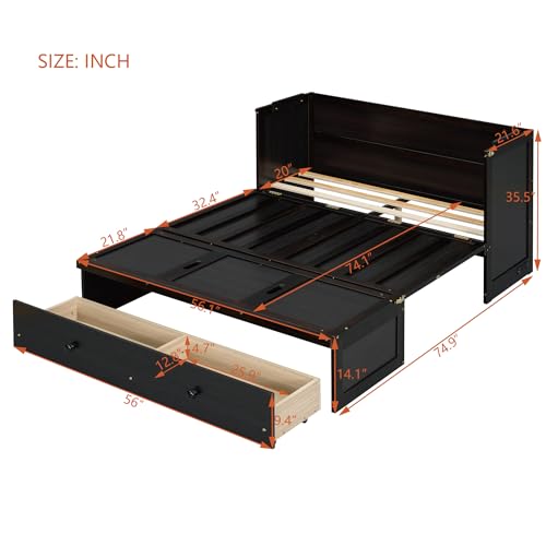 Harper & Bright Designs Queen Size Murphy Bed Cabinet, Solid Pine Wall Bed Chest with USB