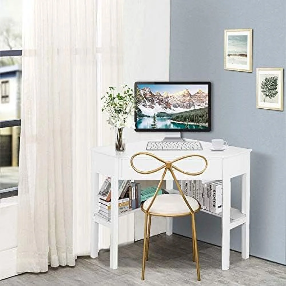 KHBIULIFE Corner Desk for Small Space  Compact Writing Table with Drawer and Shelves  Space Saving Study Modern Workstation  Laptop Corner Computer