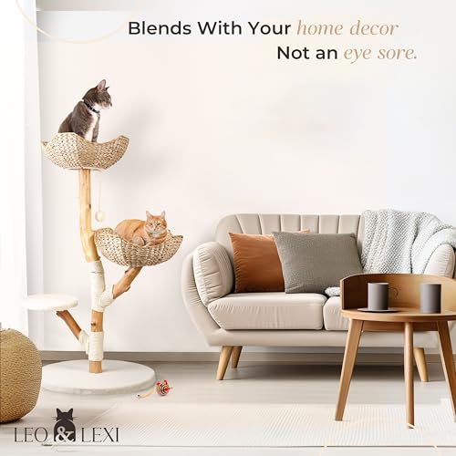 Real Wood Modern Cat Tree Tower, Cat Scratching Post with Bed for Indoor Cats Large Adult, Solid Wooden Climbing Tower, Cute Wicker Condo