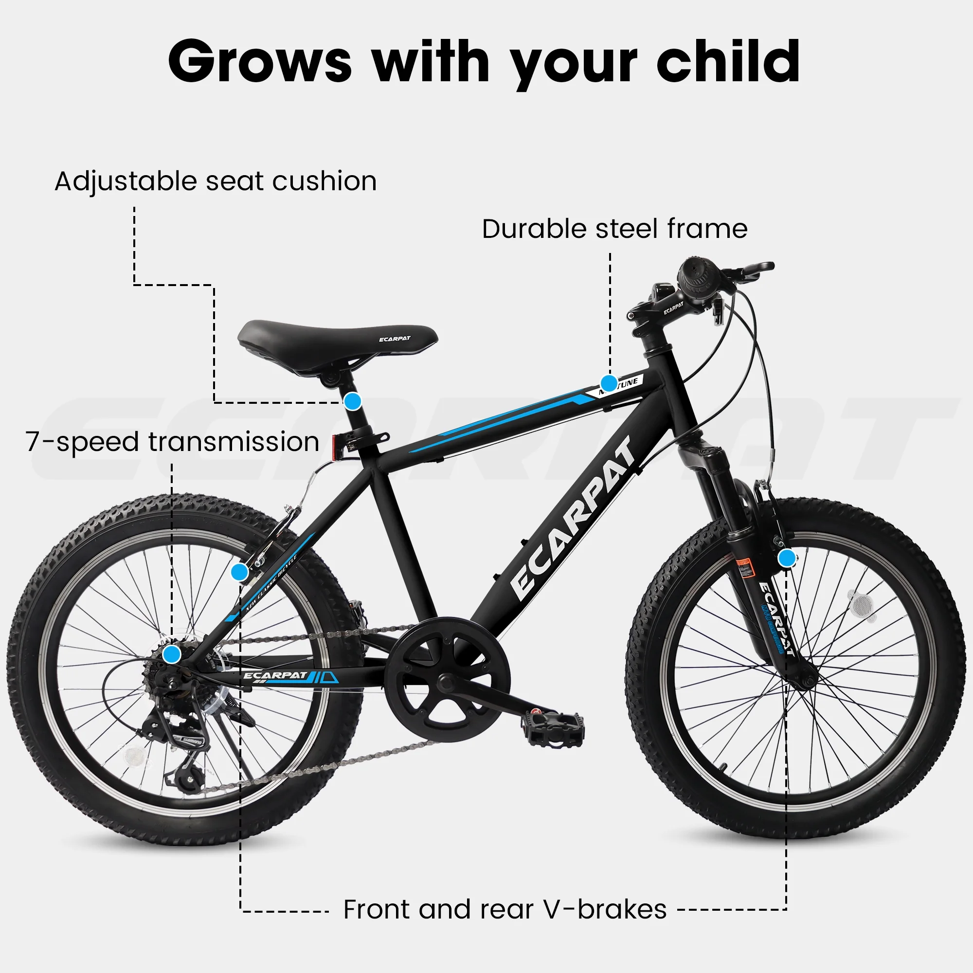20 Inch Kids Mountain Bike for Boys and Girls, 7 Speed Shimano Drivetrain, Disc Brakes, Fat Tire Youth Bicycles- Black