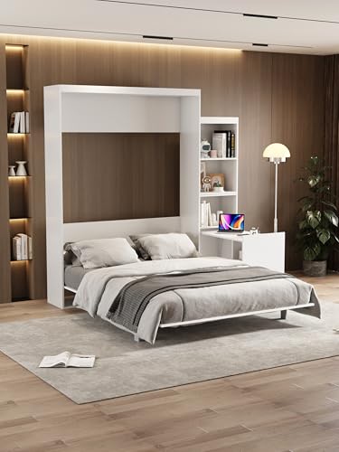 Queen Size Murphy Bed Wall Cabinet with 2 Wardrobe and Storage Shelf, Wooden Murphy Cube Wall Bed