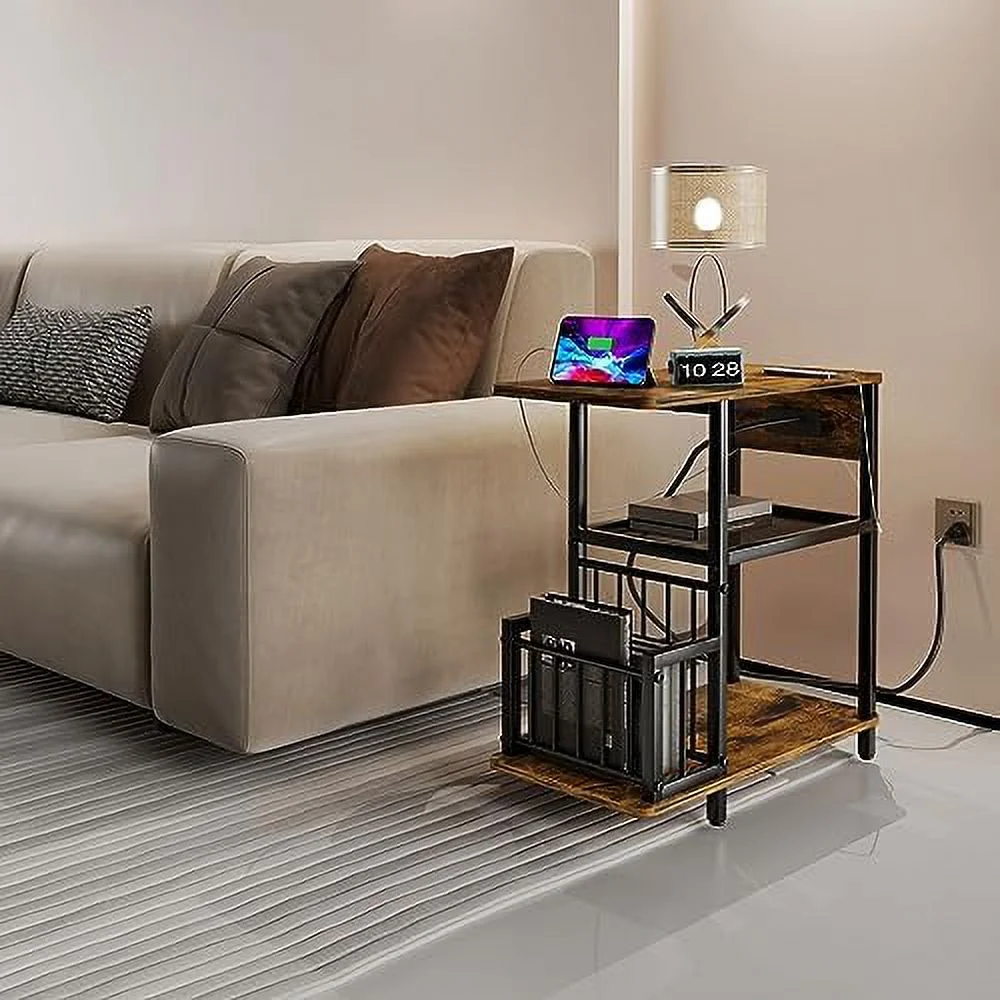 Side Tables Set of 2 with with USB Ports and Outlets End Tables with Charging Station  Narrow Nightstand with  Shelf for Living Room Bedroom Small