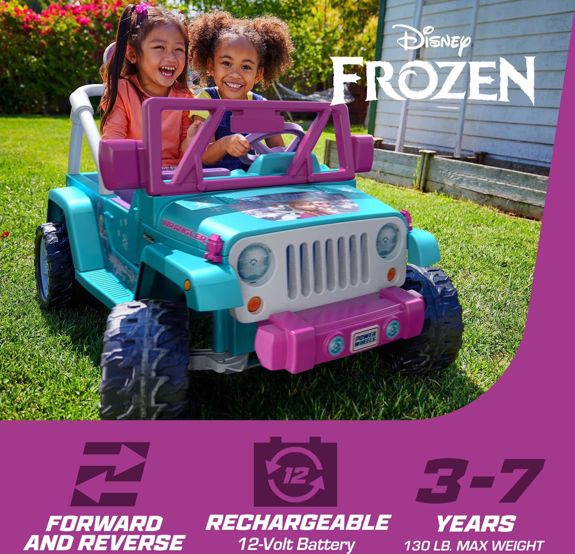 12V Power Wheels Disney Frozen Jeep Wrangler Battery-Powered Ride-On Toy Vehicle for Child Ages 3-7