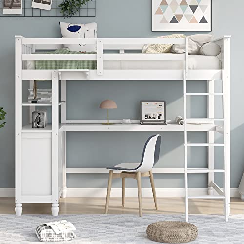 Harper & Bright Designs Full Loft Bed with Desk and Wardrobe,Solid Wood Loft Bed Frame Full with Storage Drawers for Kids Teens Adults