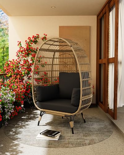 Oversized Wicker Egg Chair Outdoor, Patio Lounge Chair with Ultra Luxury Cushions & Steel Frame, 350LBs Capacity Egg Chair Indoor Outdoor for Balcony