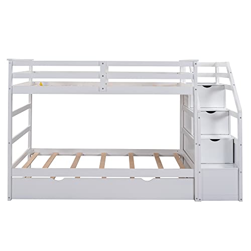 Harper & Bright Designs Twin Over Twin Bunk Bed with Trundle, Wood Bunk Bed with Storage Stairs for Kids Teens Adults (Walnut)