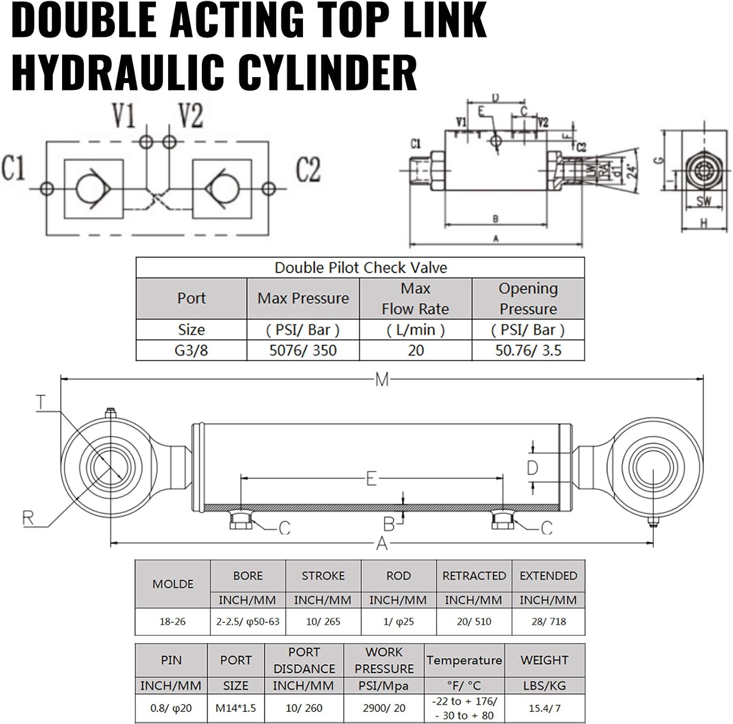 VEVOR Double Acting Hydraulic Cylinder 2'' Bore, Top Link Hydraulic Cylinder 10'' Stroke