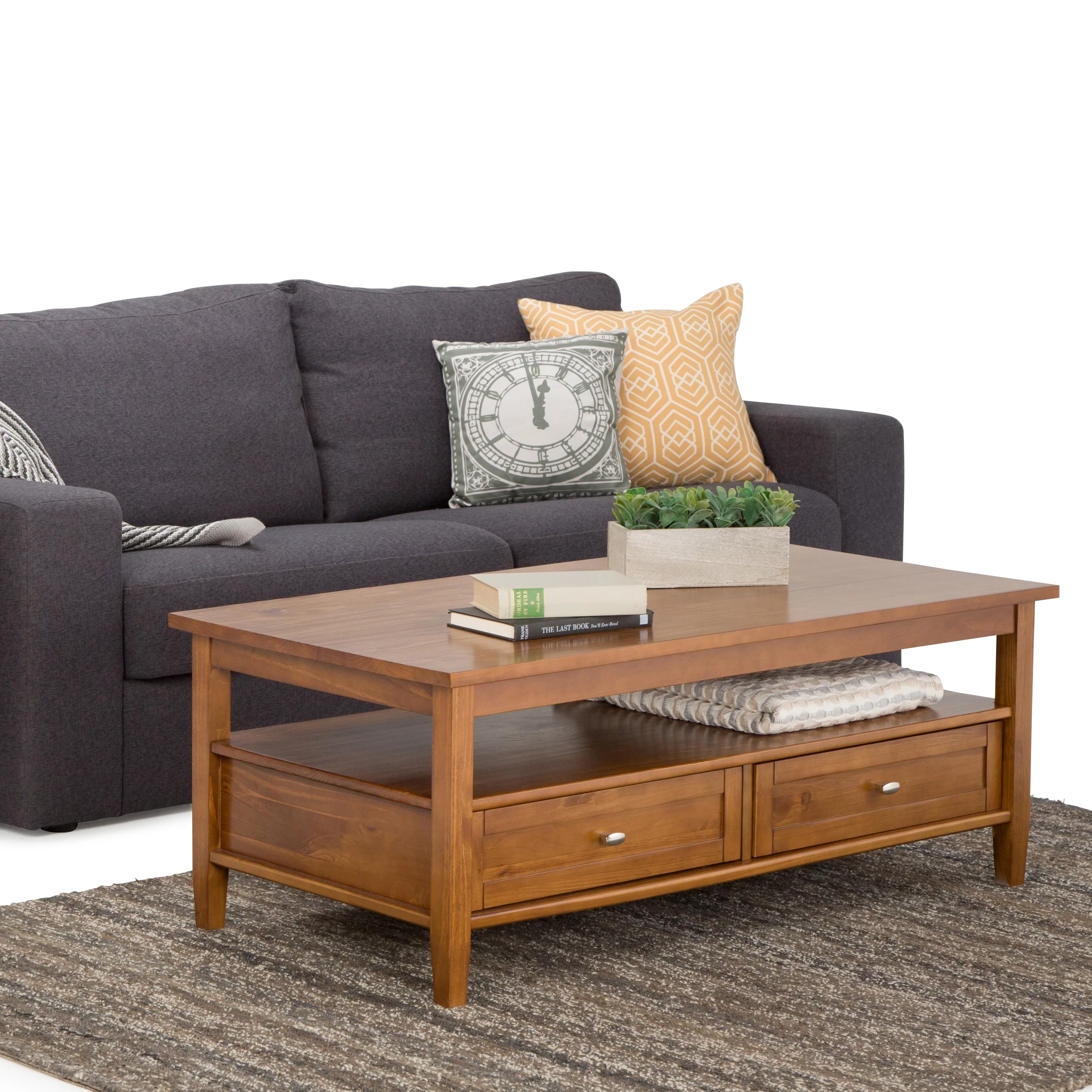 Warm Shaker SOLID WOOD 48 inch Wide Rectangle Transitional Coffee Table in Light Golden Brown