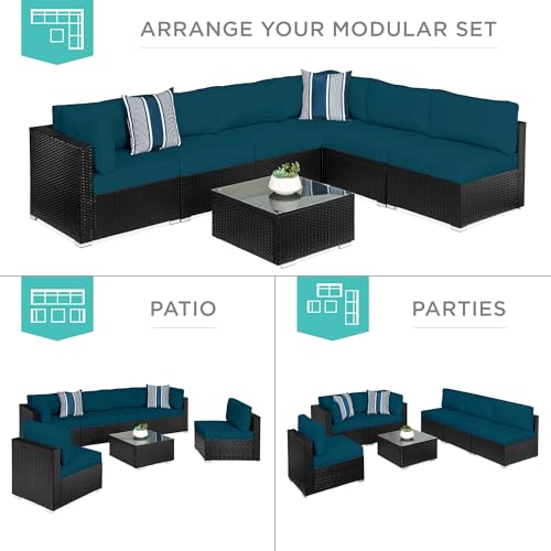 Best Choice Products 7-Piece Modular Outdoor Sectional Wicker Patio Conversation Set w/ 2 Pillows, Coffee Table, Cover Included - Gray/Navy
