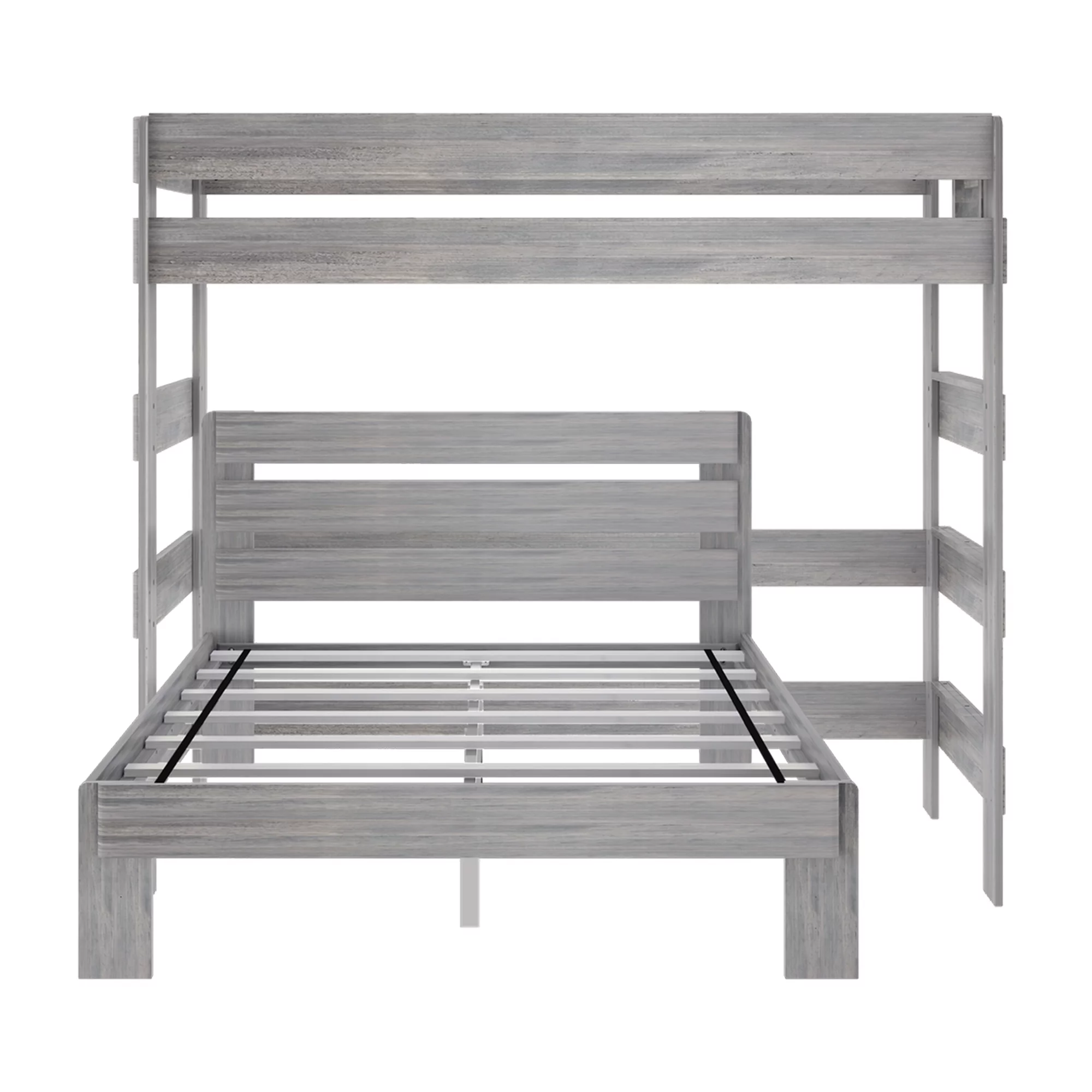 Max & Lily Solid Wood Loft Bed, Modern Farmhouse L-Shaped Twin over Queen Bed Frame for Kids, Driftwood