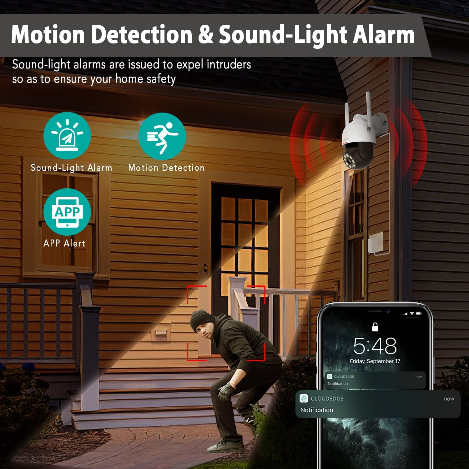 Security Camera Outdoor/Home, DEKCO WiFi Outdoor Security Cameras Pan-Tilt 360° View, 1080P Dome Surveillance Cameras with Motion Detection and Siren