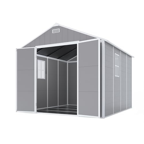 8x8 FT Outdoor Resin Storage shed - Waterproof Garden Sheds with Vents, Lockable Double Doors and Windows for Lawn, Backyard, Patio, Tool Storage Use