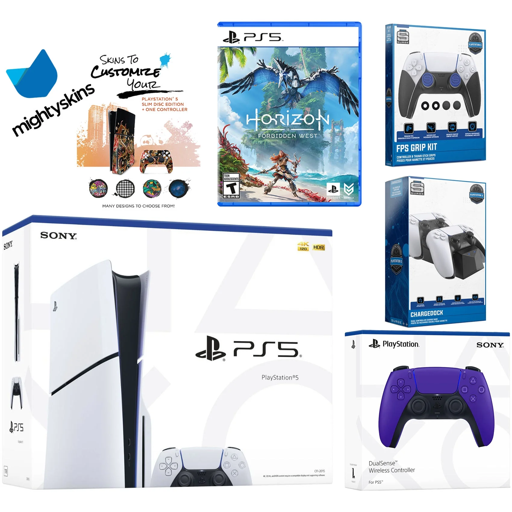Sony Playstation 5 Slim Disc Bundle with Horizon Forbidden West, Extra Galactic Purple Controller, FPS Grip Kit