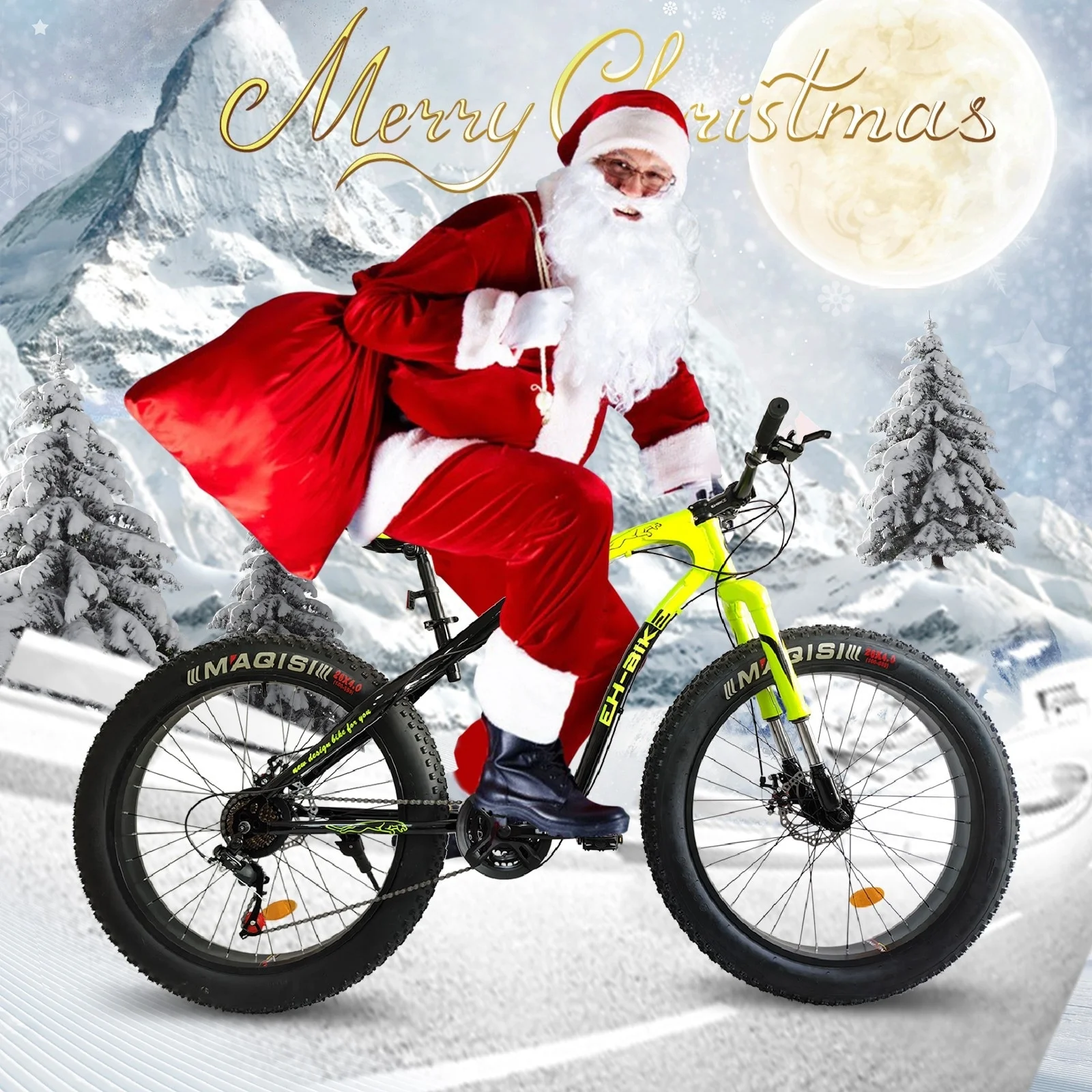 Mens Fat Tire Mountain Bike, 26-Inch Wheels, 4-Inch Wide Knobby Tires, 7-Speed, Steel Frame, Front and Rear Brakes 76.8x24.8x41.3in - Black