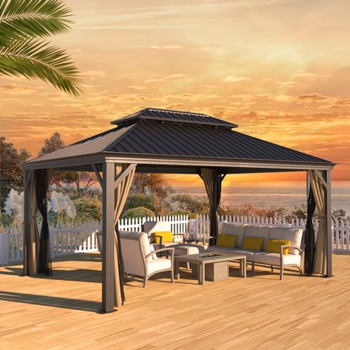 Gazebo 10' x 12' with Mosquito Net and Privacy Sidewalls, Patio Aluminum Permanent Gazebo, All Weatherproof Outdoor Hardtop Metal Gazebos，for Patio