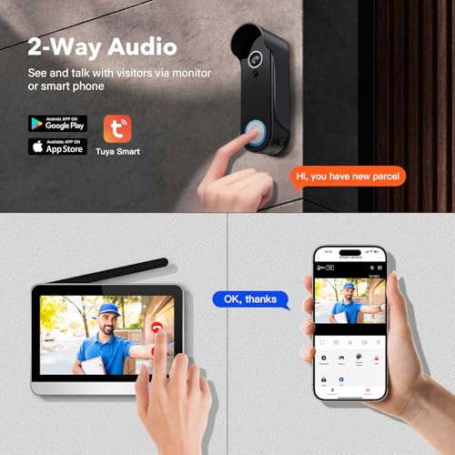 Wireless Doorbell Camera with Monitor Video Door Phone Intercom System 1080P 7'' Touch Screen Two-Way Audio Smart Door Bell with Chime