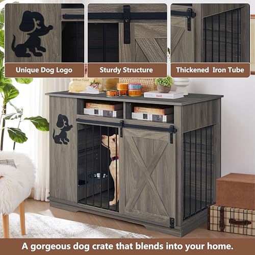 Aoowow Large Double Dog Crate Furniture 72.4" Indoor Dog Kennel with Sliding Barn Door and Divider