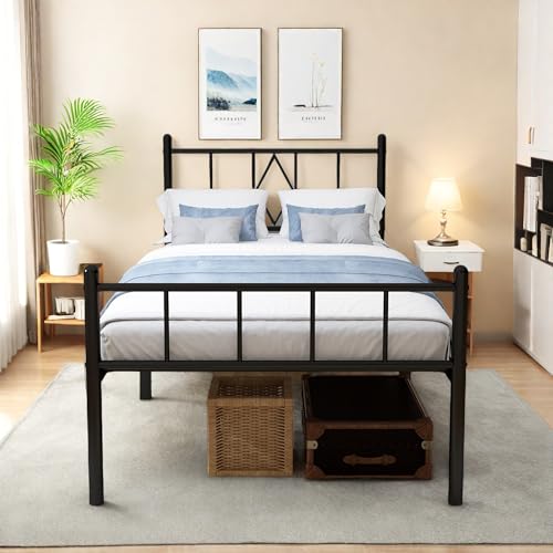 Full Size Bed Frame, 14 Inch Metal Platform Bed with Iron-Art Headboard & Footboard, Classic Bed Frame with Heavy Duty Metal Slats Support
