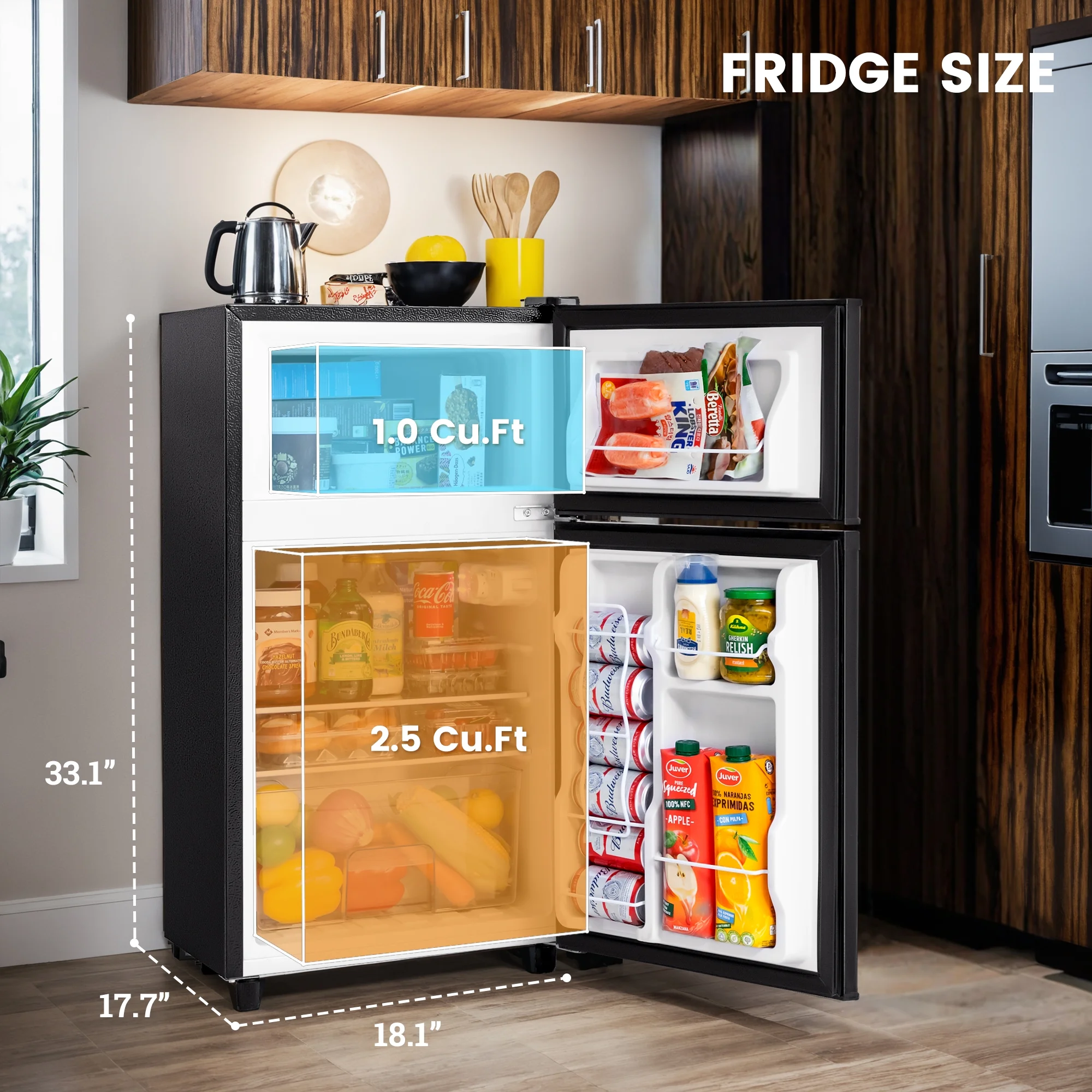 Manastin 3.5 Cu.Ft Mini Fridge with Freezer, Adjustable Thermostat, Low Noise, Removable Glass Shelves, 2 Door Small Refrigerator for Kitchen, Dorm