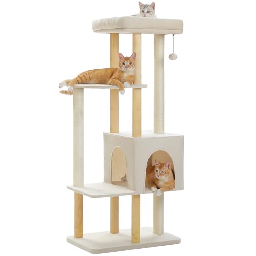 PAWZ Road Large Cat Tree, 73 Inches Tall Wooden Cat Tower with 2 Spacious Hammocks,2 Big Top Beds,8 Fully Scratching Posts and Natural Wood Posts