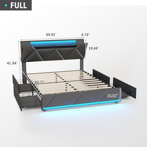 Vabches Queen Bed Frame with Storage Headboard and 4 Drawers,Upholstered Platform with Charging Station and Led Lights,Adjustable Headboard