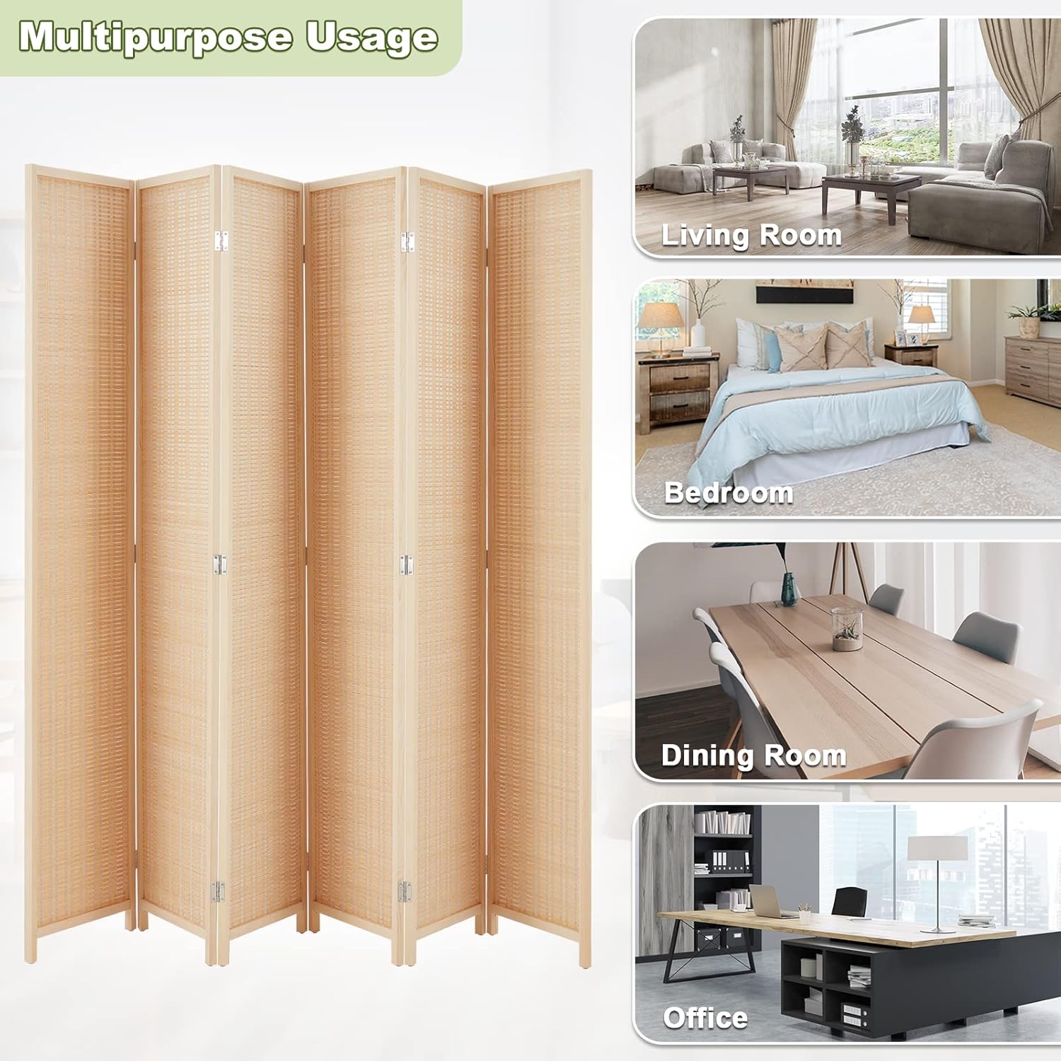 HADDOCKWAY 6 Panel Bamboo Room Divider Wall 6FT Tall Folding Privacy Screens Room Dividers Decorative Partition Wall Dividers for Office, Bedroom