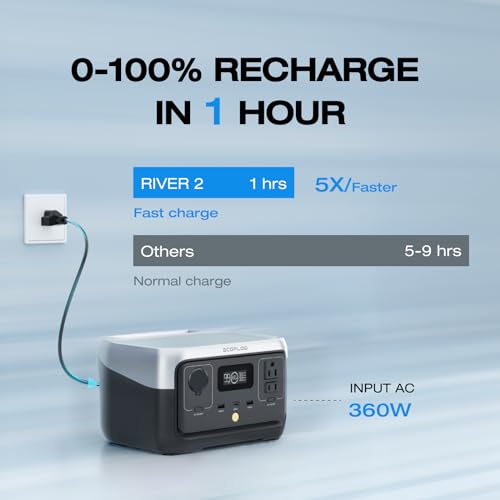 EF ECOFLOW Portable Power Station RIVER 2, 256Wh LiFePO4 Battery/ 1 Hour Fast Charging, 2 Up to 600W AC Outlets