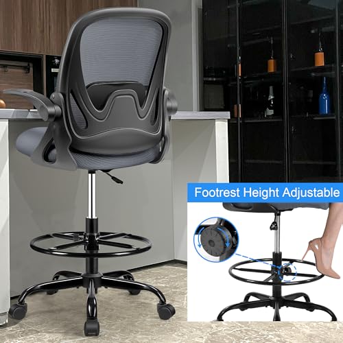 Primy Drafting Chair Tall Office Chair with Flip-up Armrests Executive Ergonomic Computer Standing Desk Chair with Lumbar Support and Adjustable